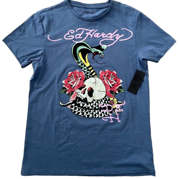 Ed Hardy Blue Graphic Tee with Snake and Skull Design - Picture 1 of 2